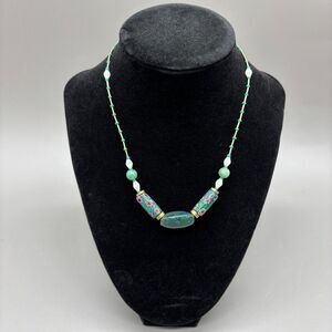 Vintage Millefiori Glass Aventurine Bloodstone Brass Bead Necklace 16" 70s Boho